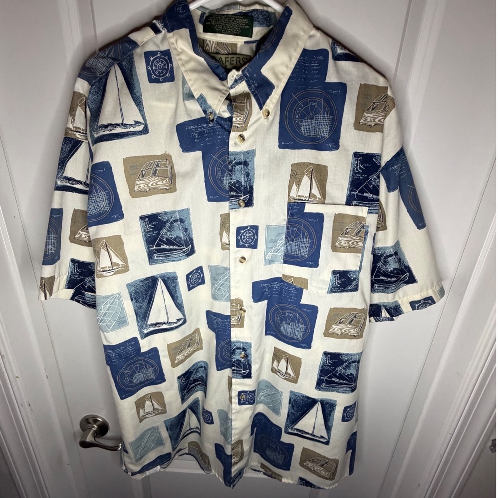 Loafers by Reed James Mens Large Nautical Sailboat Shirt Blue Tan Short Sleeve